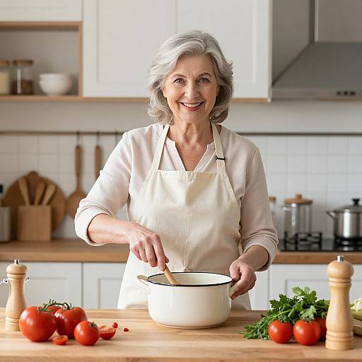 Photograph of smiling elderly woman with gray hair, wearing white apron, cooking in modern kitchen with wooden countertops and fresh vegetables.