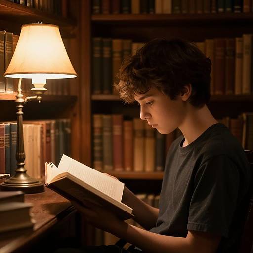 Photograph of a young boy with curly brown hair, wearing a black shirt, reading a book under a warm lamp in a dimly lit, wooden