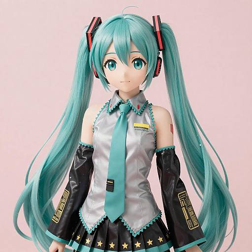Digital illustration of Hatsune Miku, anime-style, with long turquoise twin-tails, teal tie, black and silver sleeveless top, and star