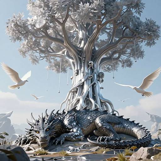 Digital art: A silver, ethereal tree with dripping vines stands above a sleeping, black-scaled dragon, surrounded by white doves, under a