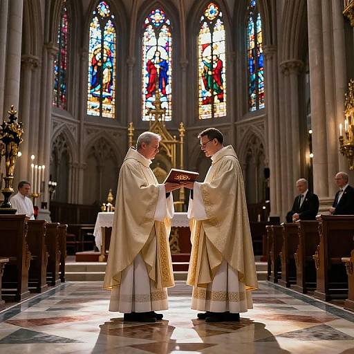 Photograph of two male priests in white and gold vestments, standing in a sunlit Gothic cathedral, reading from a book, with colorful stained glass