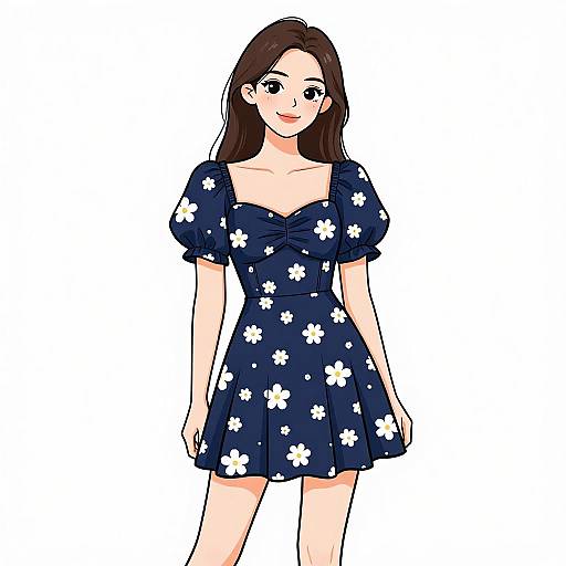 Digital anime-style drawing of a young woman with long brown hair, wearing a navy blue, off-shoulder, floral dress, standing against a white