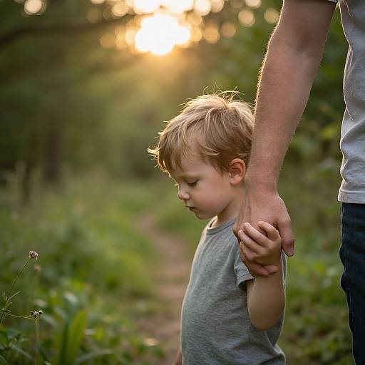 Photograph of a father holding his young son's hand in a sunlit forest path, with blurred greenery and soft golden sunlight.