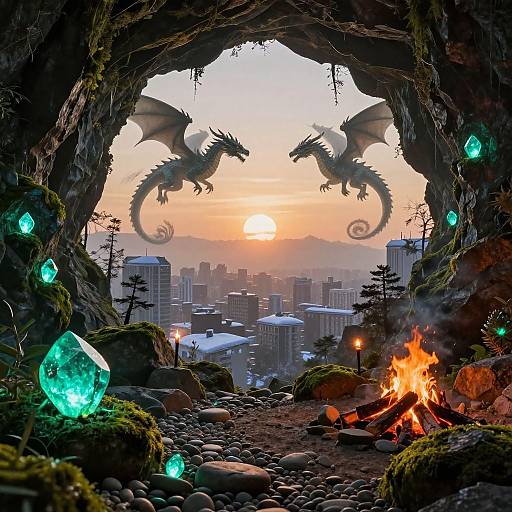 Fantasy cave entrance at sunset, two dragon silhouettes, glowing crystals, roaring fire, cityscape in background, digital art.