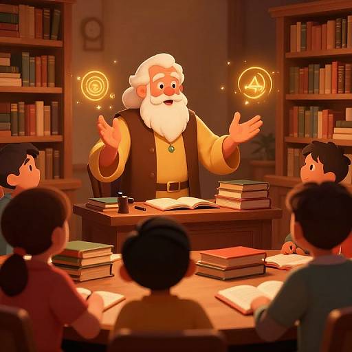 Digital illustration of Santa Claus casting spells over glowing orbs in a library, surrounded by children with books on desks.