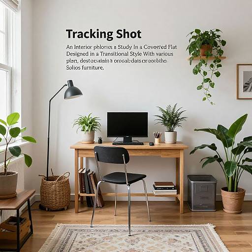 Photograph of a modern, minimalist home office with a wooden desk, black chair, potted plants, 