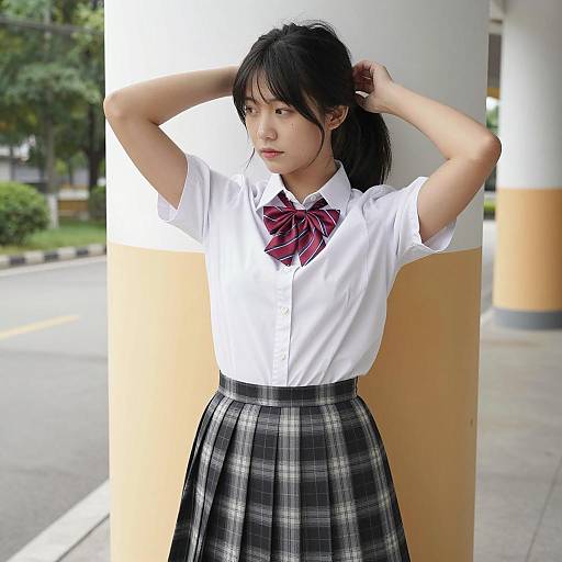 Asian Schoolgirl Adjusting Hair Outdoors