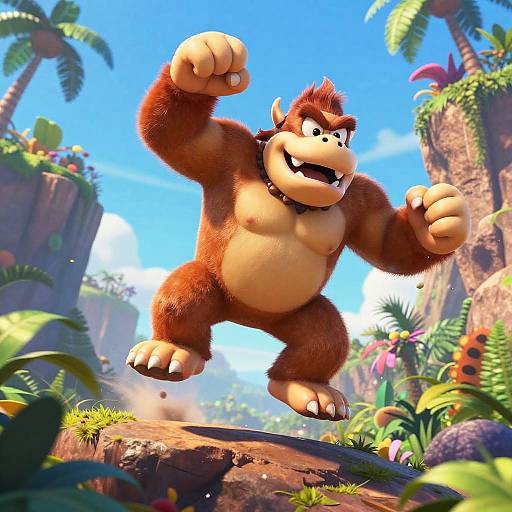 CGI image of a muscular, brown-furred, cartoon gorilla with a black collar, mid-jump in a vibrant jungle with palm trees,