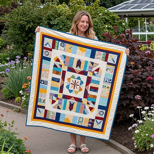 Photograph of a smiling blonde woman holding a colorful, square quilt with a star pattern, standing in a lush garden.
