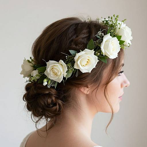 Photograph of a woman in profile, with dark brown hair in an elegant updo, wearing a white rose and greenery floral crown, against a