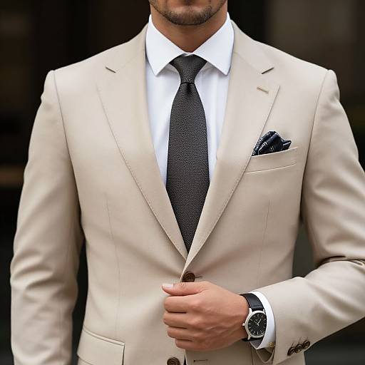Photograph of a man in a beige suit, white shirt, black tie, pocket square, and black watch, adjusting his jacket.