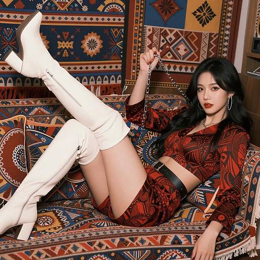 Asian Woman Reclining in Patterned Outfit