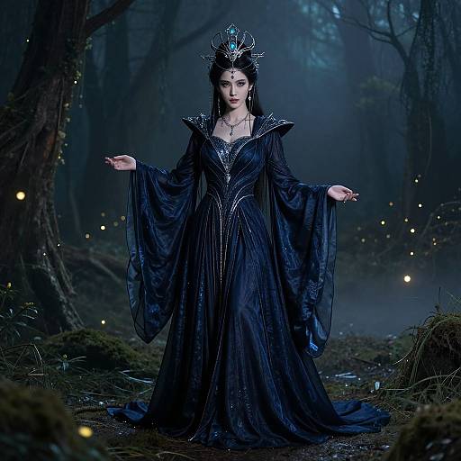 Photograph of a dark-haired, pale-skinned woman in a black, ornate, Victorian-style gown with wide sleeves, standing in a misty