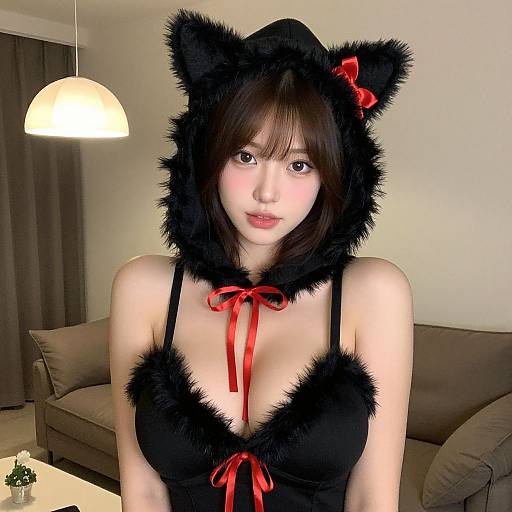 Photograph of an Asian woman with fair skin, black cat-ear hood, red bow, black fur trim top, red ribbon, sitting in a