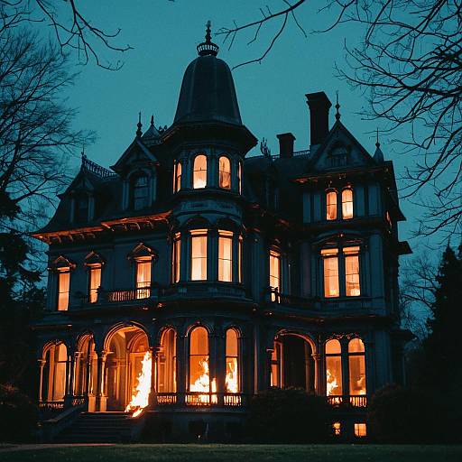 Victorian Mansion on Fire at Dusk