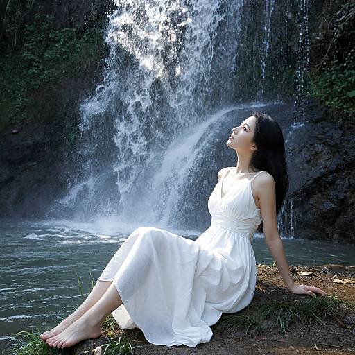 Photograph of an Asian woman with long black hair, wearing a white sleeveless dress, sitting on a grassy rock, gazing up at a
