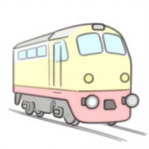 Cartoon-style digital drawing of a yellow and pink train with blue windows, simple black outlines, and white background. Train is moving on tracks.