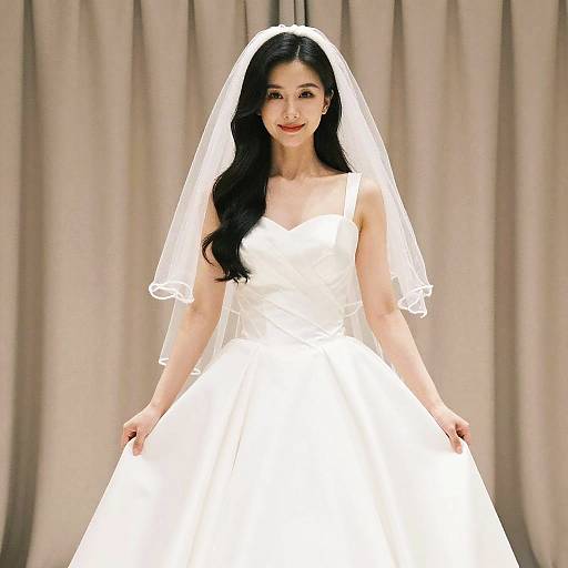 Photograph of an Asian bride with long black hair, wearing a white wedding dress and veil, standing against beige curtains.