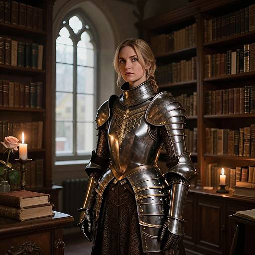 Photograph of a blonde woman in medieval-style silver armor standing in a dimly lit, book-filled library with candles and a rose.