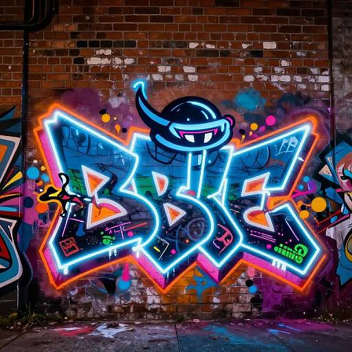 Vibrant graffiti on a brick wall featuring neon blue, orange, and white stylized letters with a glowing, cartoon-like character in the center.