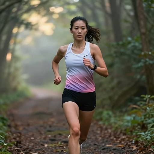 Photograph of an Asian woman with black hair running on a forest path, wearing a white and pink gradient tank top and black shorts. Sunlight filters