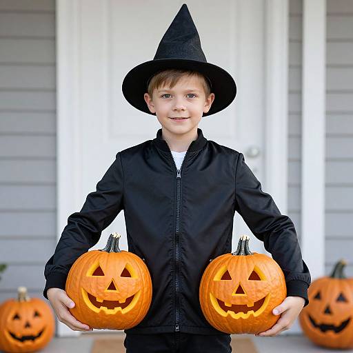 Photograph of a young boy in a black witch hat and black jacket, holding two carved jack-o'-lanterns, standing in front of a