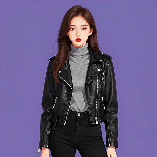 Digital illustration of an Asian woman with long brown hair, wearing a black leather jacket, gray turtleneck, and black pants, against a solid purple