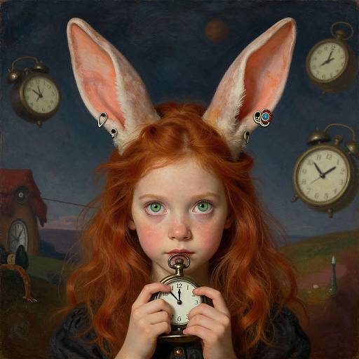 Digital artwork of a red-haired girl with large rabbit ears, holding a clock to her mouth, surrounded by clock faces against a dark, surreal landscape.