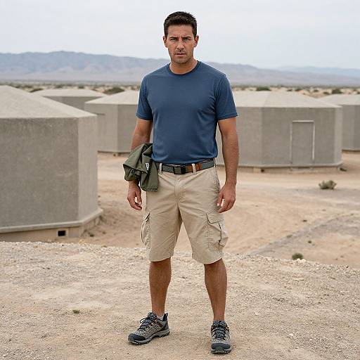 Photograph of a muscular, dark-haired man in a blue t-shirt, beige cargo shorts, black shoes, and a green jacket draped over his shoulder
