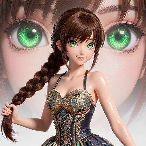 Digital anime-style illustration of a young girl with green eyes, brown braided hair, and an ornate blue and gold corset dress, with a