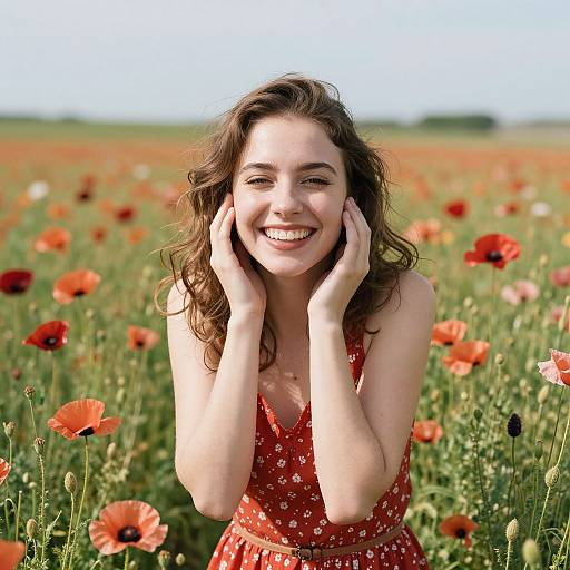 Photograph of a smiling young woman with wavy brown hair, wearing a red floral dress, hands on cheeks, standing in a vibrant poppy field