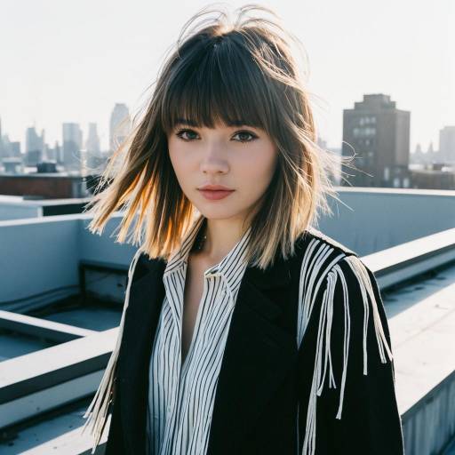 Young Woman with Textured Fringe Hairstyle on Rooftop