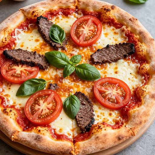 Photograph of a gourmet pizza topped with slices of cooked beef, fresh basil leaves, and red tomato slices, melted cheese, and red sauce on a