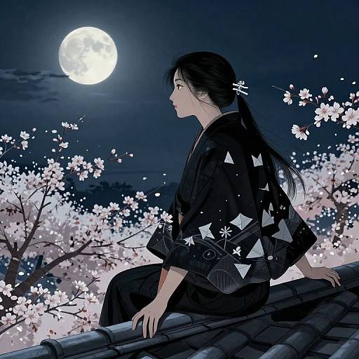 Anime-style digital drawing of a young man in a black kimono, sitting on a tiled roof, gazing at a full moon, surrounded by cherry