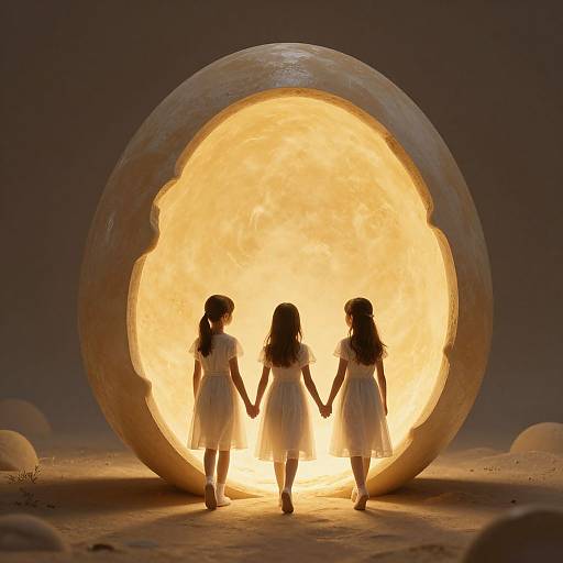 Photograph of three girls in white dresses holding hands, standing before a glowing, circular, stone structure in a dark desert.