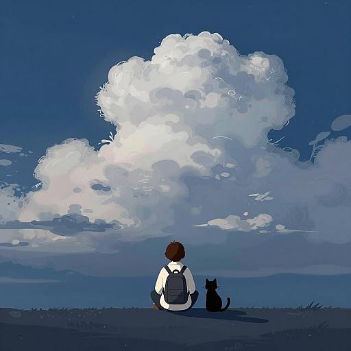 Serene Night Sky Illustration with Cat