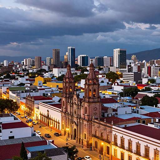 Photograph of a vibrant cityscape at dusk, featuring a lit, Gothic-style church in the foreground, surrounded by modern skyscrapers and colorful buildings