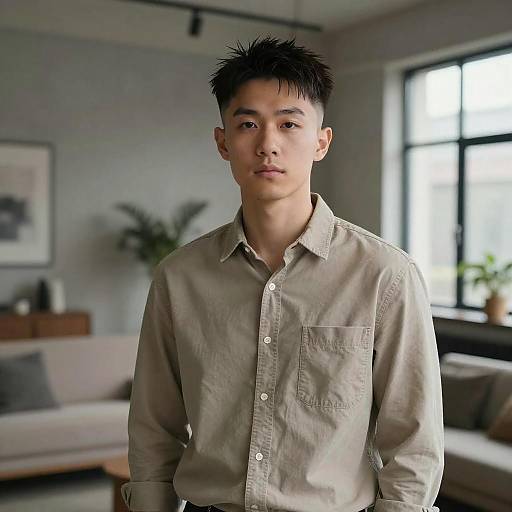 Photograph of an Asian man with short black hair, wearing a light gray button-up shirt, standing in a modern living room with soft natural light.