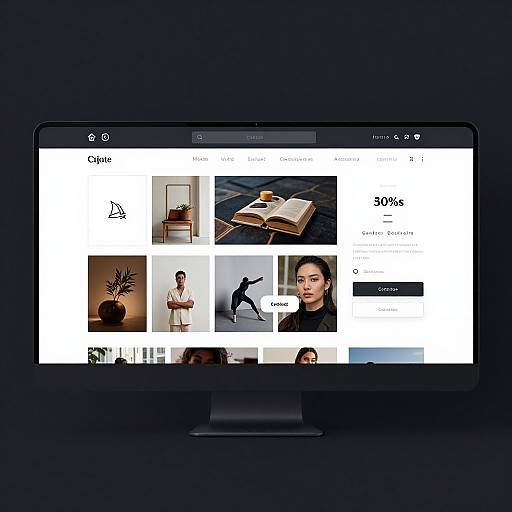 Photograph of a sleek black computer monitor displaying a modern white website with various product images, text, and a woman's portrait.