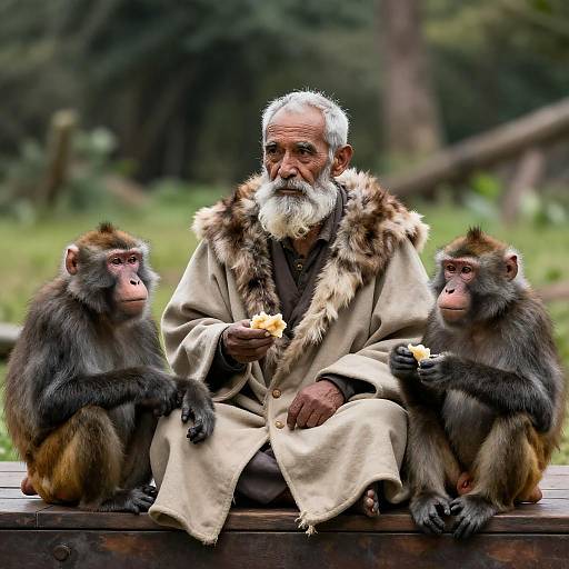 Elderly Man with Two Baboons in Forest Setting