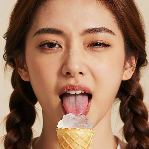 Close-up photograph of a young girl with brown braided hair, fair skin, and dark eyebrows, licking a cone with white ice cream.