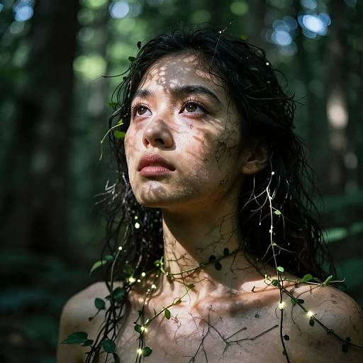 Photograph of an Asian woman with wet, dark hair, illuminated by forest light, wearing vines with glowing fairy lights in a dark, wooded background.