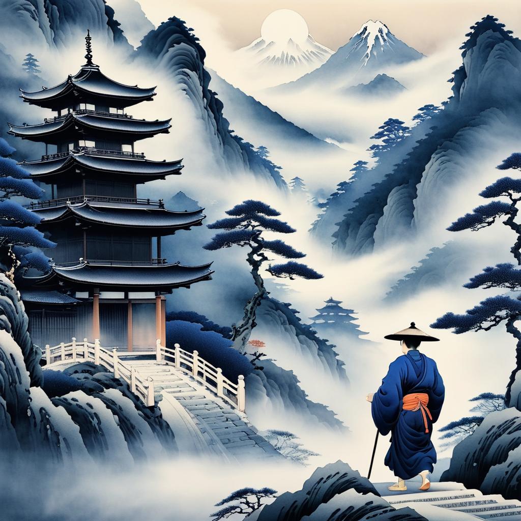 Misty Mountain Temple with Monk Scene