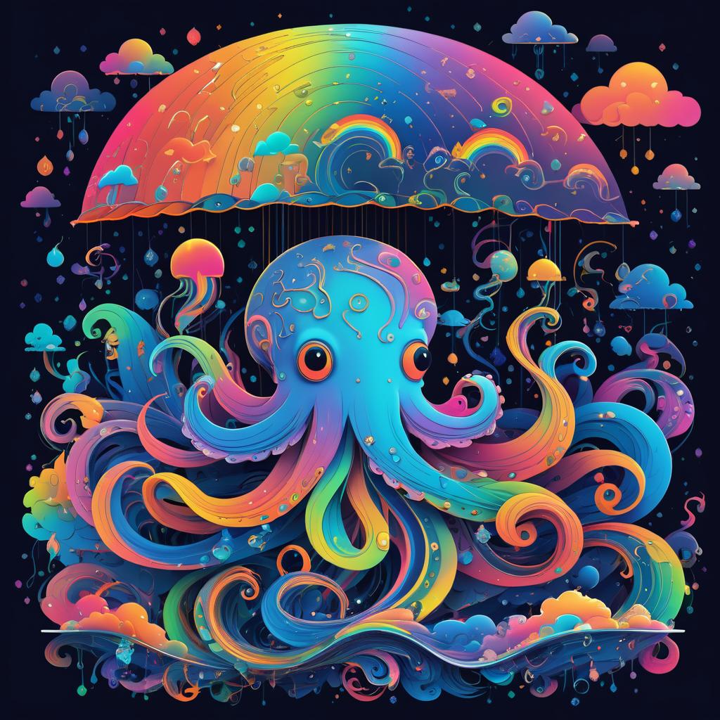 Whimsical Octopus in Psychedelic Rain