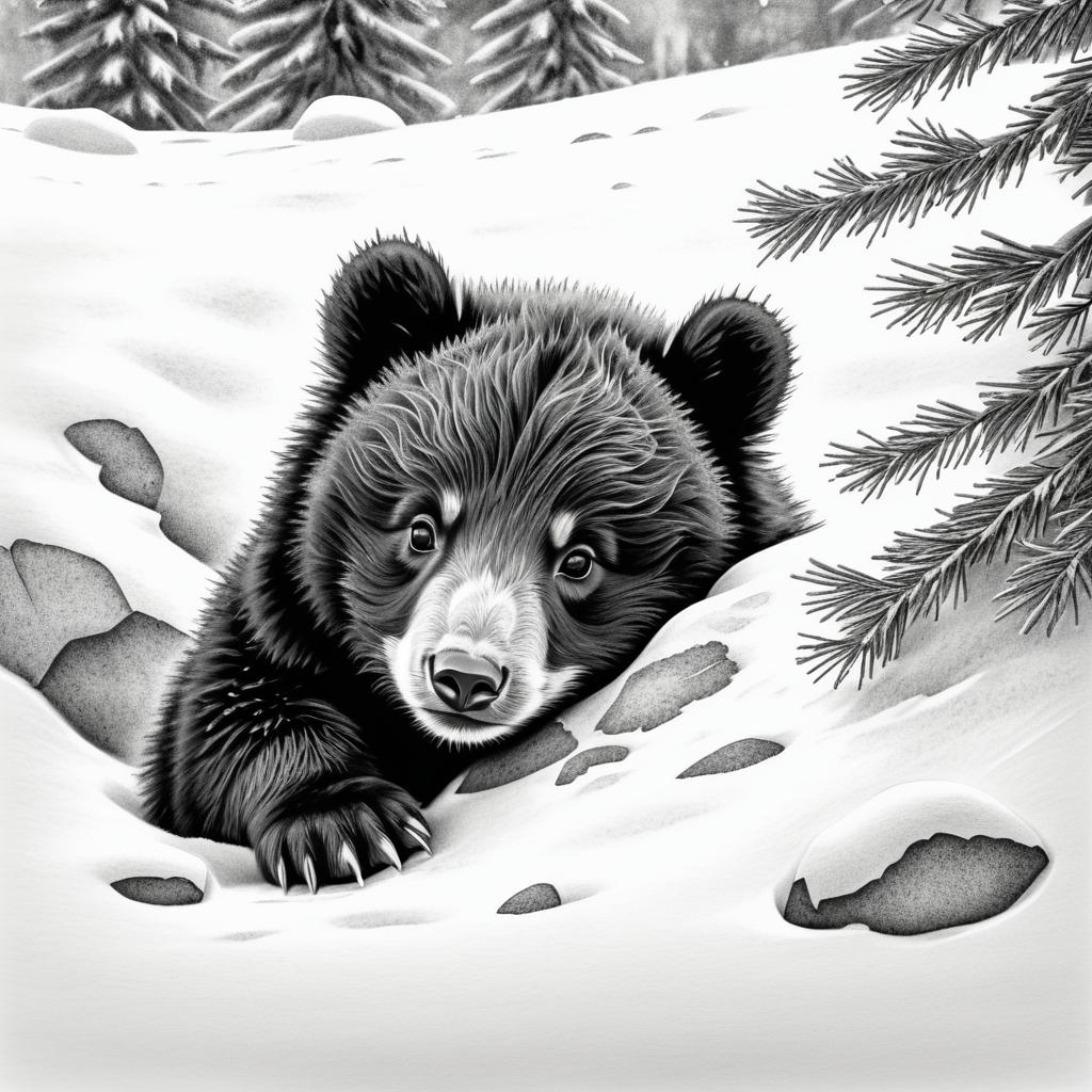 Detailed Black and White Bear Cub Sketch