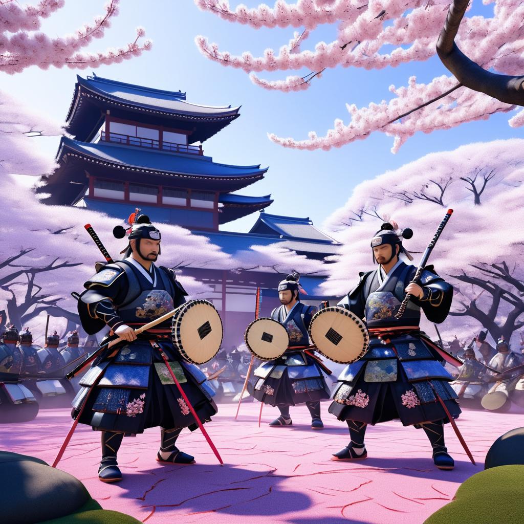 Samurai Performance on a Cherry Blossom Stage