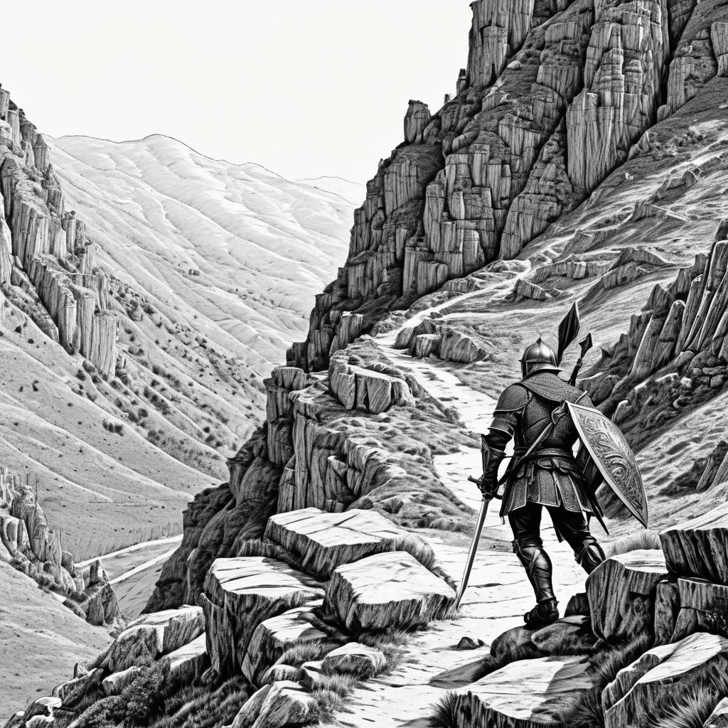 Detailed Knight in Rugged Mountain Pass