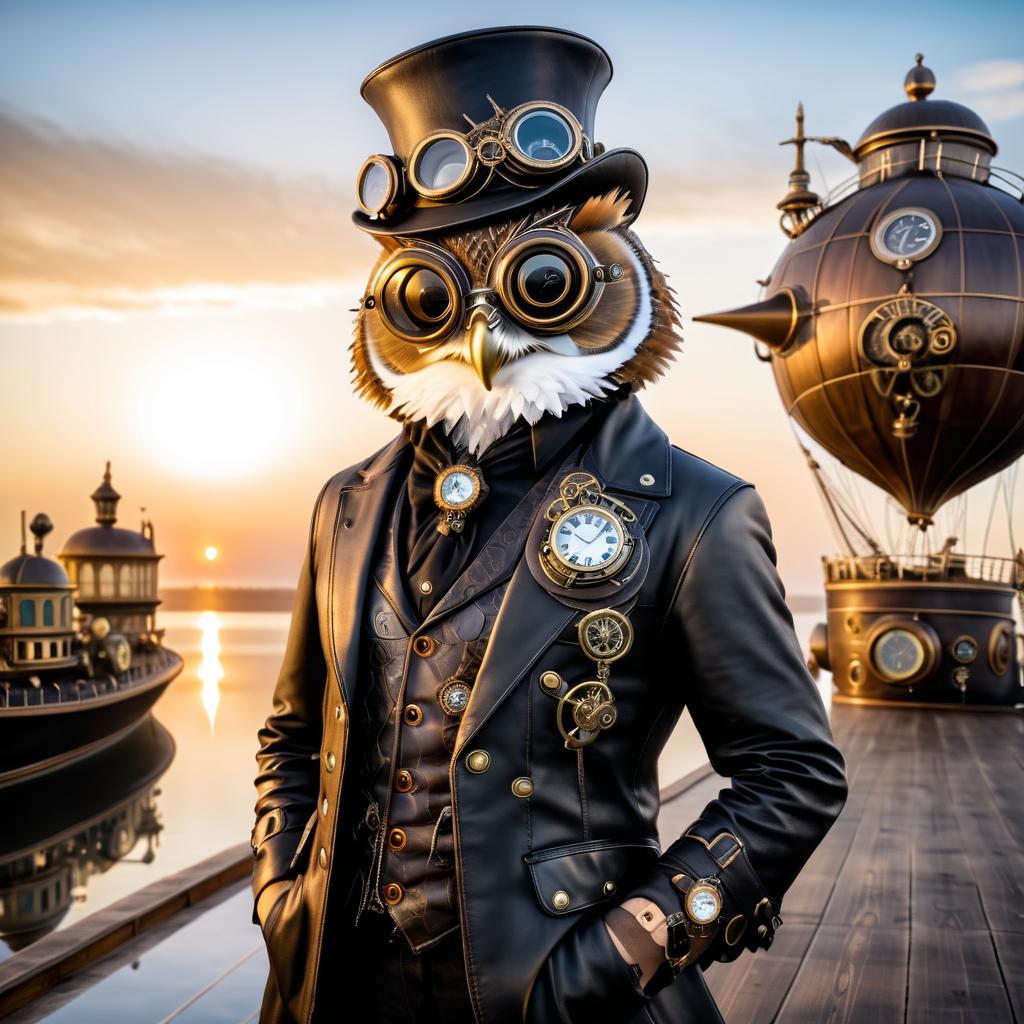 Elegant Steampunk Owl Portrait at Sunset