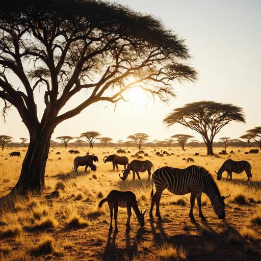 Sunlit Savannah with Grazing Zebras and Acacia Trees Sunlit Savannah with Grazing Zebras and Acacia Trees