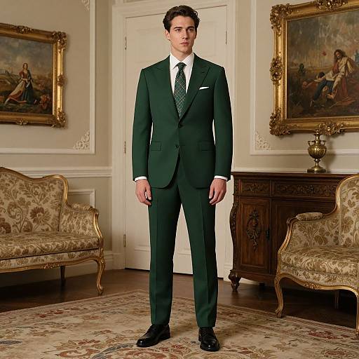 Photograph of a handsome young man in a dark green suit, white shirt, and tie, standing in an elegant, classical room with ornate furniture